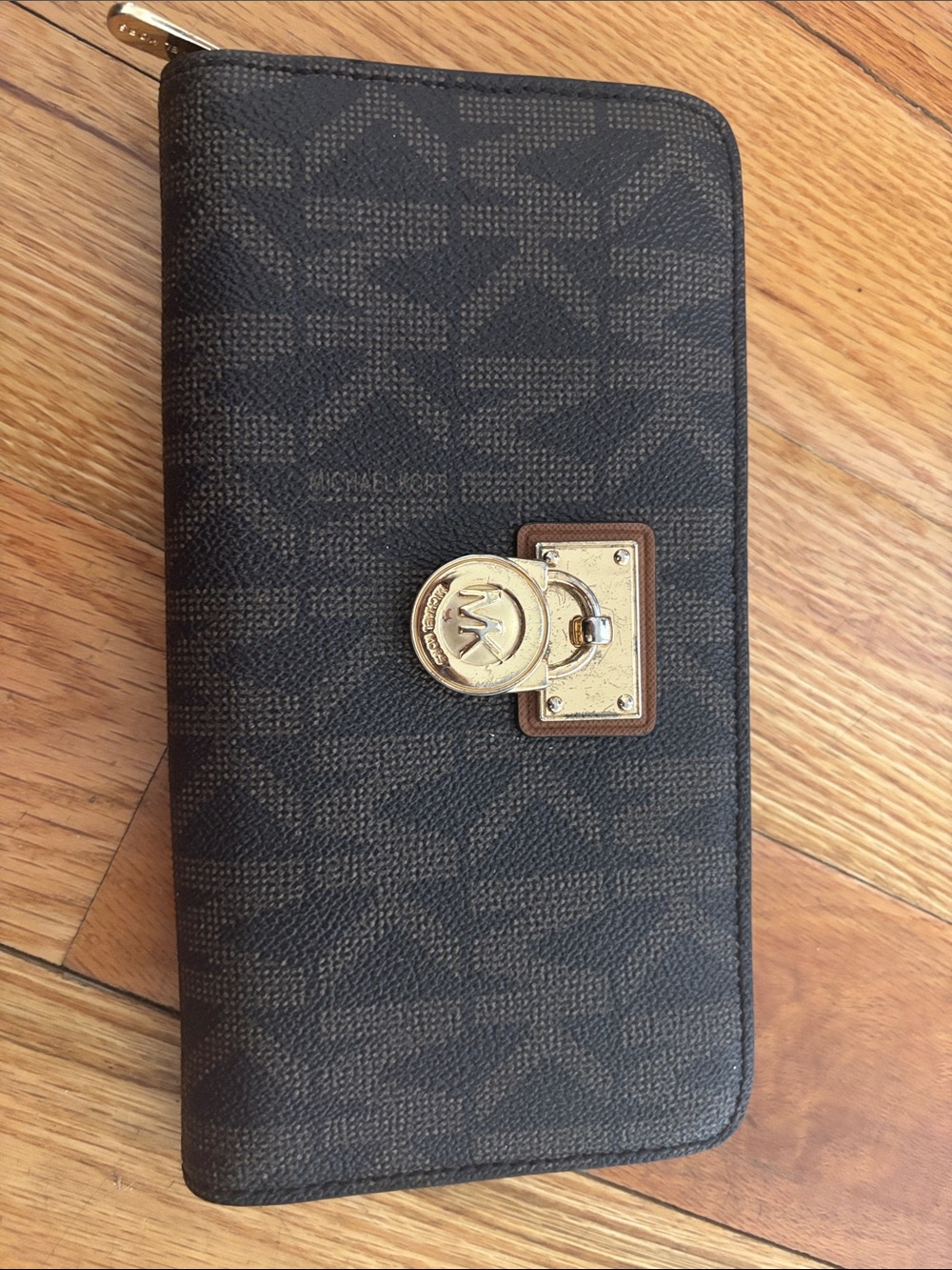 Michael Kors Dark Brown Logo Zip Wallet with Gold Hardware